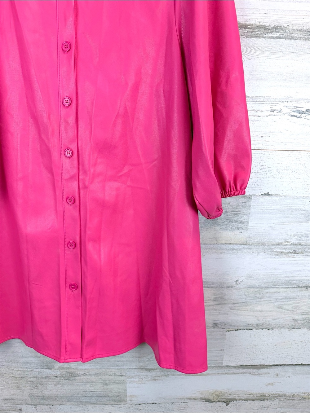 Dolce Cabo Pink Faux Leather Shirt Dress Puff Sleeve Mini XL - Picture 10 of 13